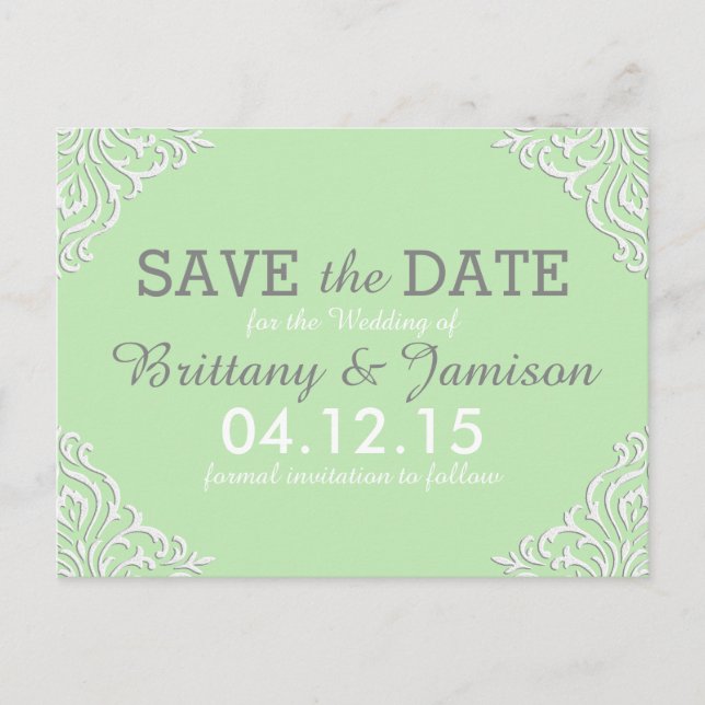 Mint Green Damask Elegant Save the Date Postcard (Front)