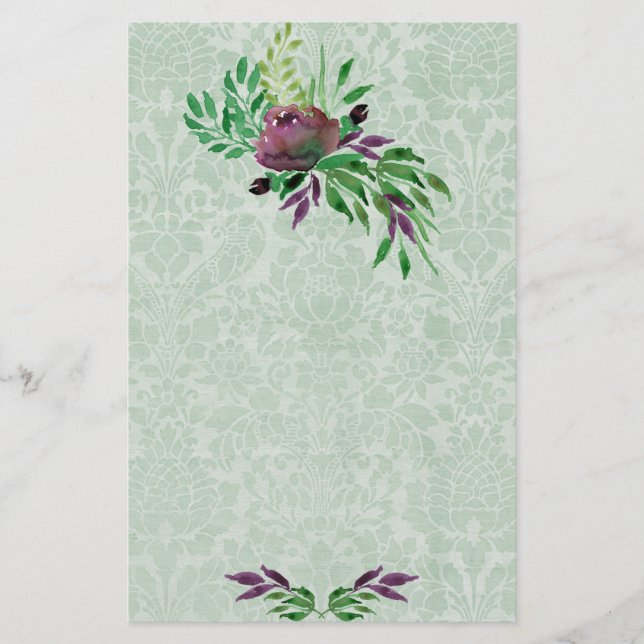 Mint Green Damask Floral 5.5" x 8.5" Stationery (Front)