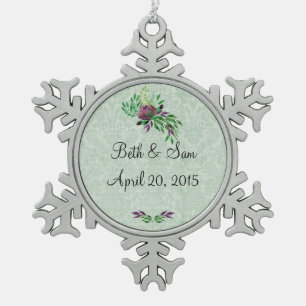 Mint Green Damask Memory Pewter Snowflake Ornament