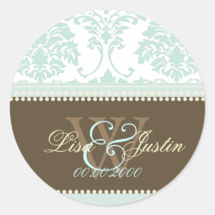 Mint Green Damask monogram wedding/DIY fonts+color Classic Round Sticker