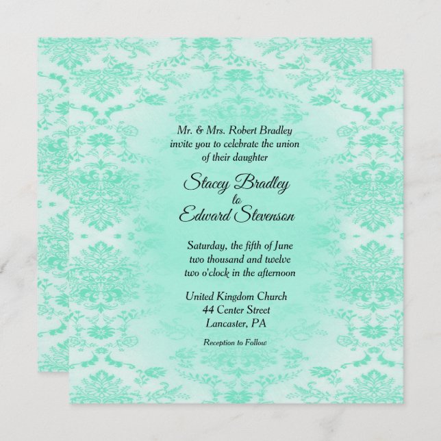 Mint Green Damask Wedding Invitation (Front/Back)