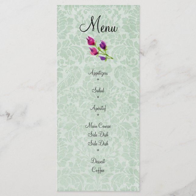 Mint Green Damask Wedding Menu Rack Card 4" x 9" (Front)