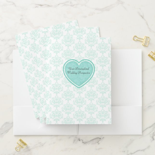 Mint Green Damask Wedding Planner Pocket Folders (In Situ)