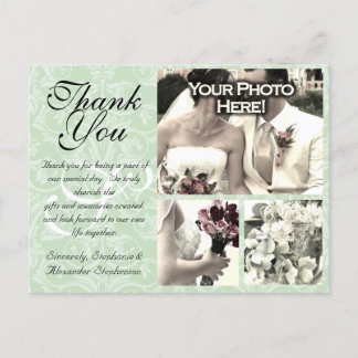 Mint Green Damask Wedding Thank You Card 3 Photos