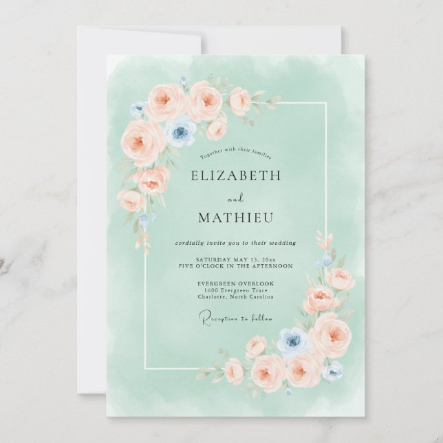 Mint Green Delicate Watercolor Wedding Invitation (Front)