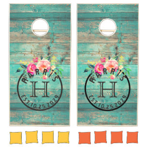 Mint Green Distressed Wood Floral Wedding Cornhole Set
