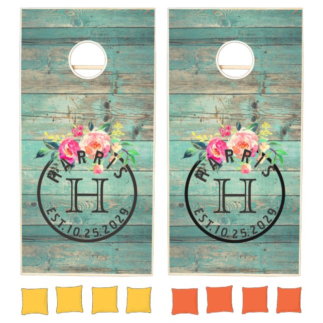 Mint Green Distressed Wood Floral Wedding Cornhole Set (Set)