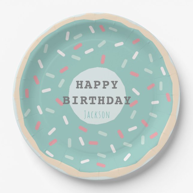Mint Green Donut Boy's Birthday Paper Plates (Front)