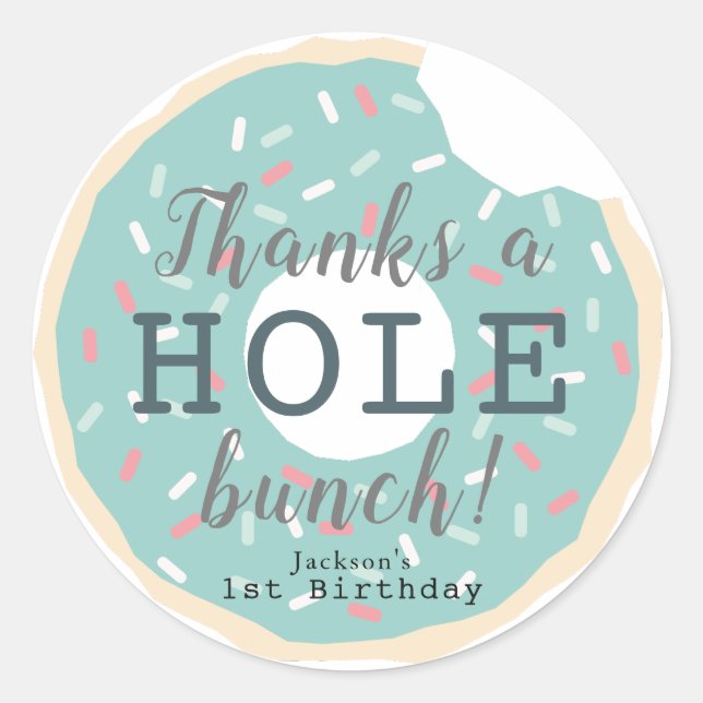 Mint Green Donut Boy's Birthday Thank You Classic Round Sticker (Front)