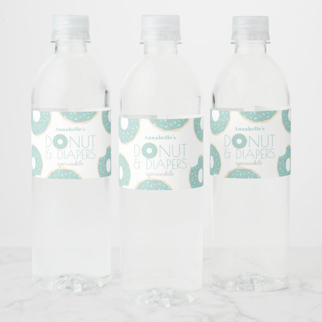 Mint Green Donut & Diapers Baby Sprinkle Water Bottle Label (Bottles)