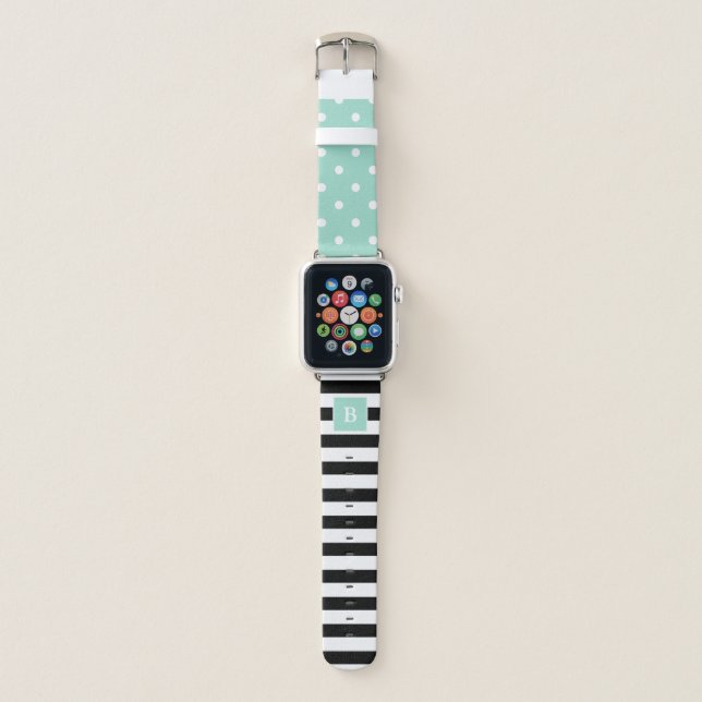 Mint Green Dots and Stripes Monogrammed Apple Watch Band (Front)