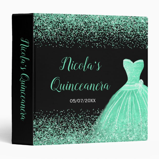 Mint Green Dress Faux Glitter Quinceanera Album 3 Ring Binder (Front/Spine)