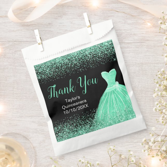 Mint Green Dress Faux Glitter Quinceanera Favor Bag (Clipped)