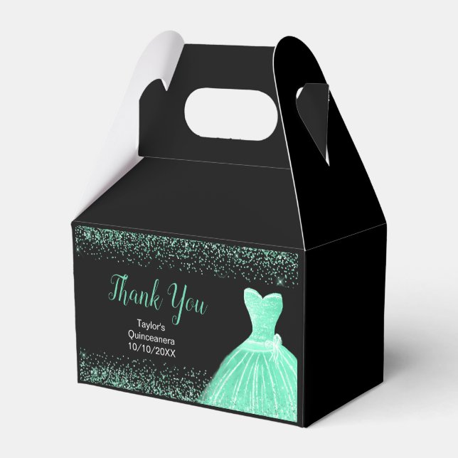 Mint Green Dress Faux Glitter Quinceanera Favor Boxes (Front Side)