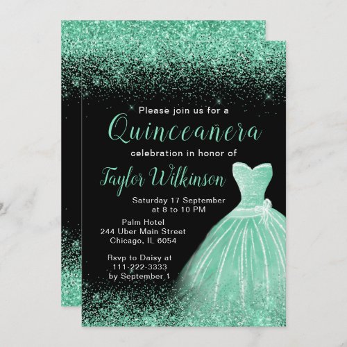 Mint Green Dress Faux Glitter Quinceanera Invitation
