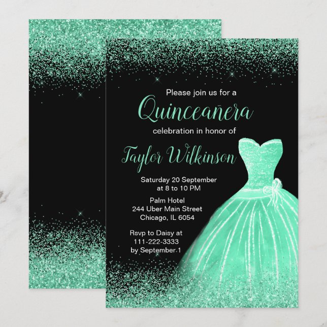 Mint Green Dress Faux Glitter Quinceanera Invitation (Front/Back)