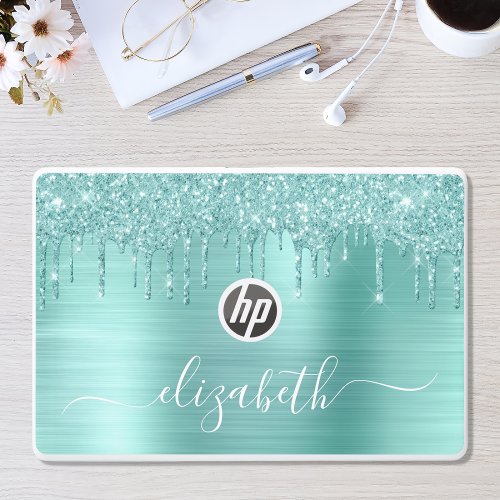 Mint Green Dripping Glitter Personalized HP Laptop Skin