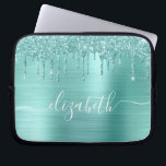 Mint Green Dripping Glitter Personalized Laptop Sleeve<br><div class="desc">Personalized chic and girly laptop sleeve featuring mint green faux glitter drips and a mint green faux brushed metallic background. Monogram with your name in a stylish trendy white script with swashes.</div>