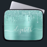 Mint Green Dripping Glitter Personalized Laptop Sleeve<br><div class="desc">Personalized chic and girly laptop sleeve featuring mint green faux glitter drips and a mint green faux brushed metallic background. Monogram with your name in a stylish trendy white script with swashes.</div>