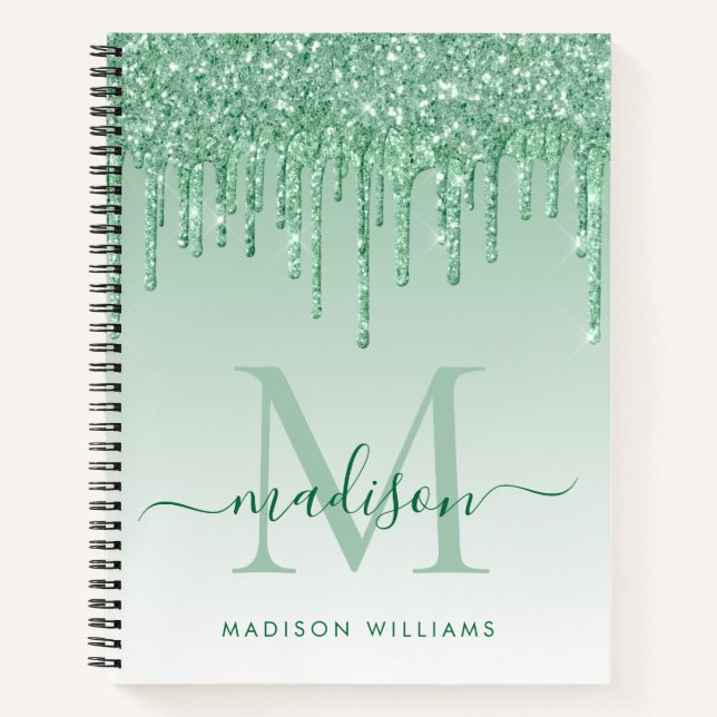 Mint Green Drips Glitter Sparkle Monogram Script Notebook (Front)