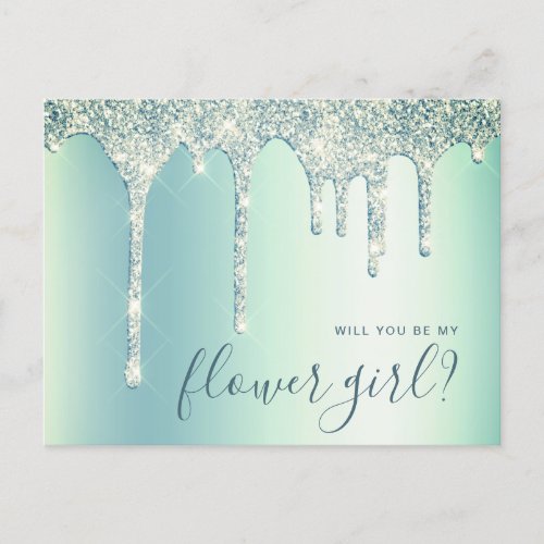 Mint green drips will you be my flower girl invitation postcard