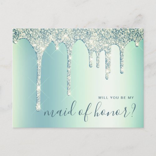 Mint green drips will you be my maid of honor invitation postcard