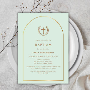 Mint Green Elegant Gold Arch Wreath Cross Baptism Invitation