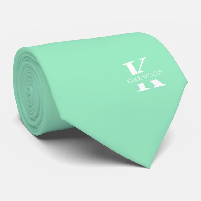 Mint Green Elegant Monogram + Name One-Sided Neck Tie (Rolled)