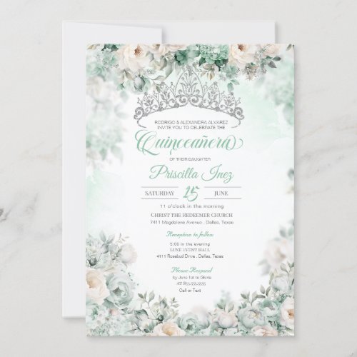 Mint Green Elegant Watercolor Floral Quinceaera Invitation