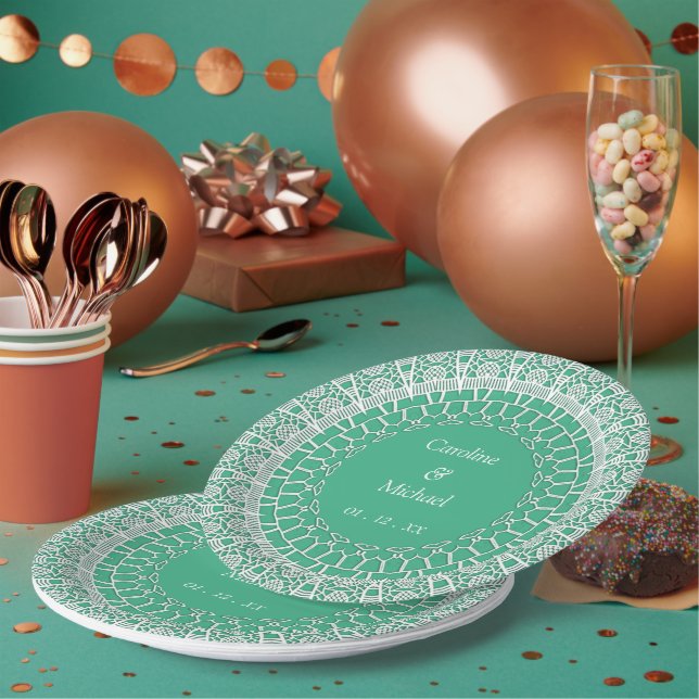 Mint Green Elegant Wedding Celebrations White Lace Paper Plates (Multi)
