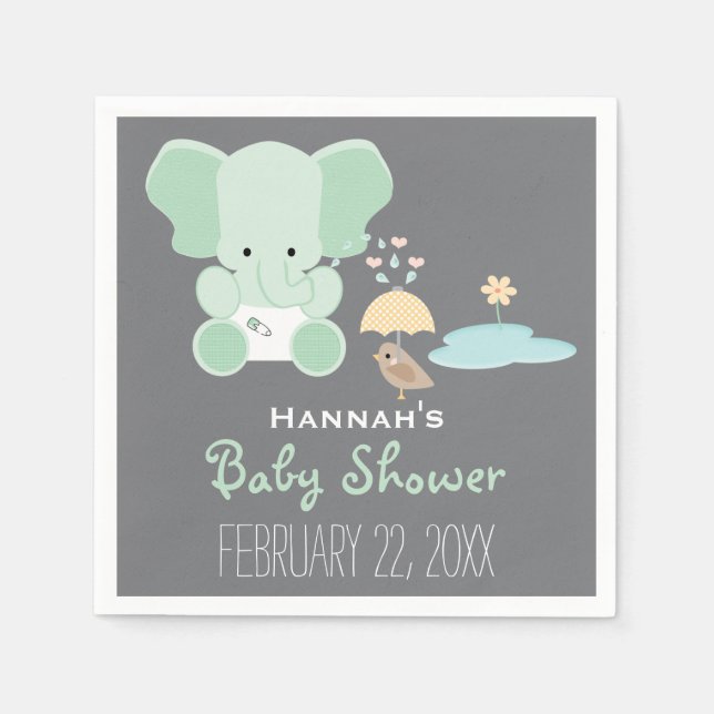 Mint Green Elephant in Diapers Bird Baby Shower Napkins (Front)