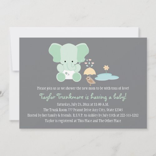 Mint Green Elephant Little Bird Baby Shower Invitation