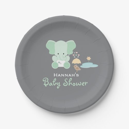 Mint Green Elephant Little Bird Baby Shower Paper Plates