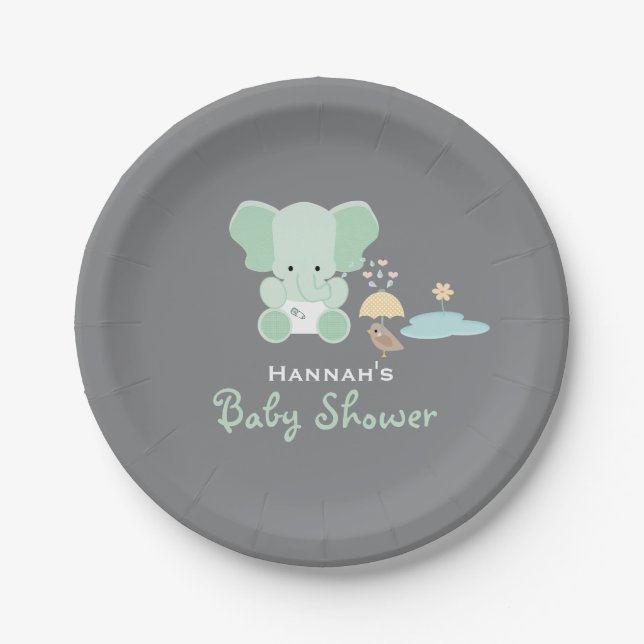 Mint Green Elephant Little Bird Baby Shower Paper Plates (Front)