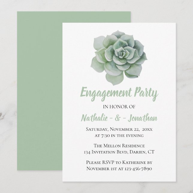 Mint Green Engagement Party Floral Succulent Invitation (Front/Back)
