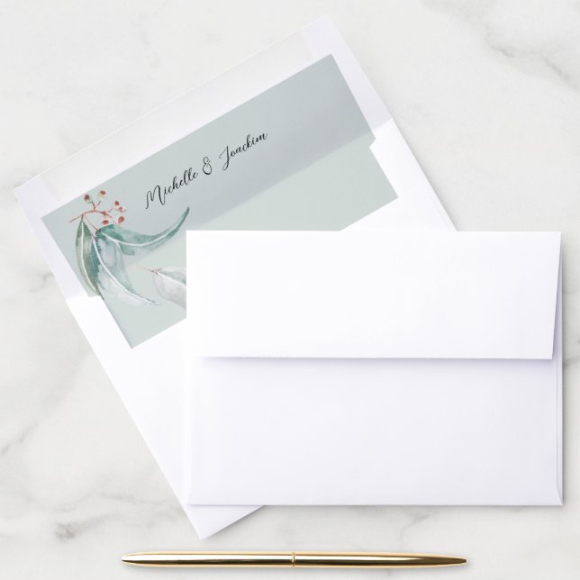Mint Green Eucalyptus Elegant Monogram Wedding Envelope Liner (Desk)