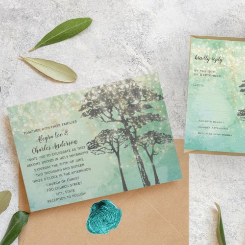 Mint Green Fairy Lights Woodsy Wedding Invitation