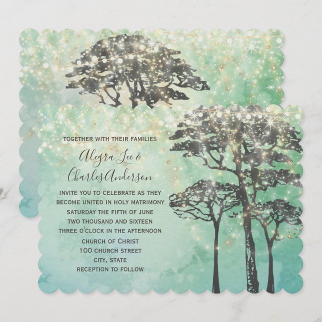 Mint Green Fairy Lights Woodsy Wedding Invitation (Front/Back)