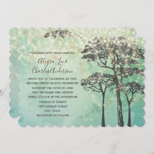 Mint Green Fairy Lights Woodsy Wedding Invitation