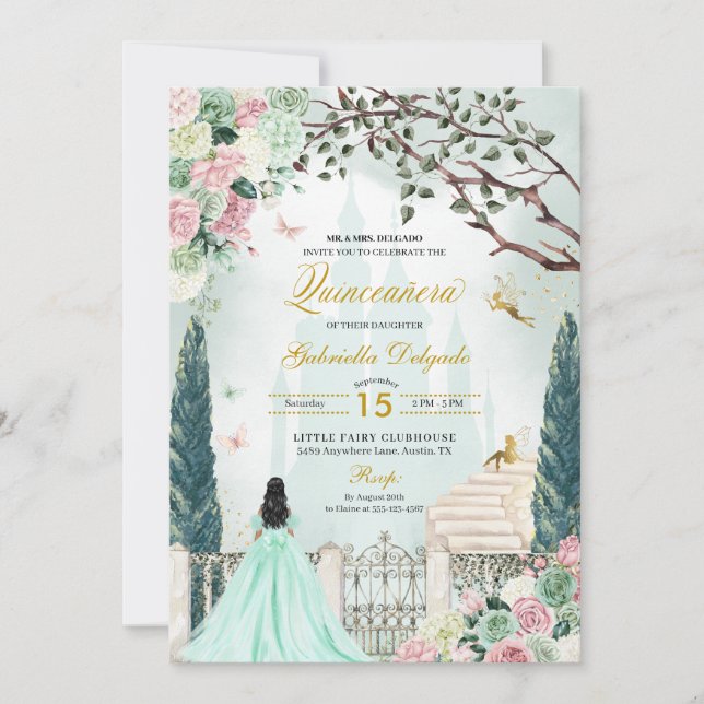 Mint Green Fairytale Enchanted Garden Quinceanera Invitation (Front)
