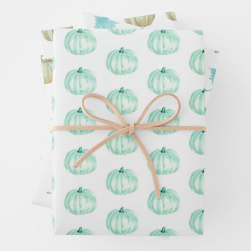 Mint Green Fall Watercolor Pumpkins Leaves Wrapping Paper Sheets