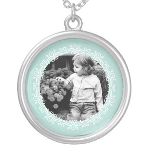 Mint Green Fancy Frame Custom Photo Silver Plated Necklace