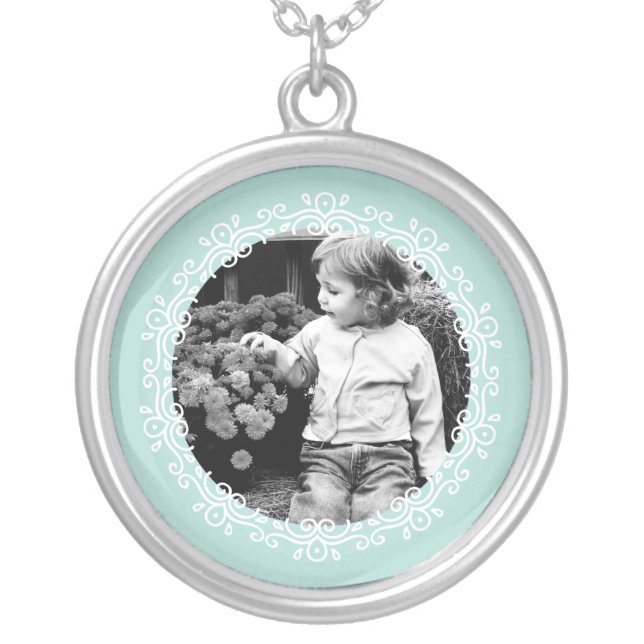 Mint Green Fancy Frame Custom Photo Silver Plated Necklace (Front)
