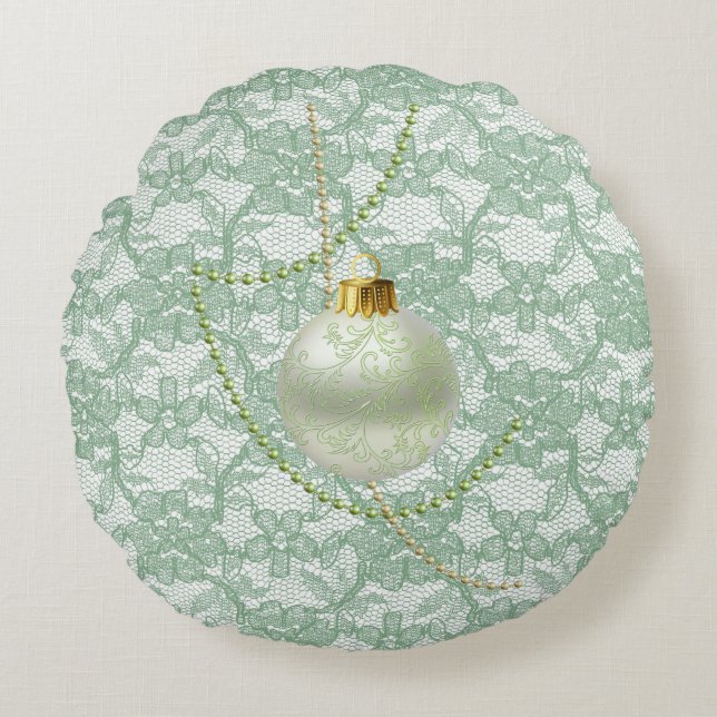 Mint Green Faux Floral Lace Garland & Ornament Round Pillow (Front)