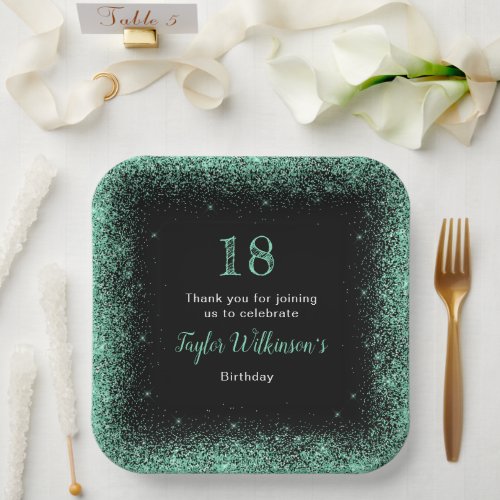 Mint Green Faux Glitter Birthday Party Paper Plates
