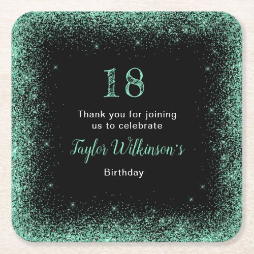 Mint Green Faux Glitter Birthday Party Square Paper Coaster