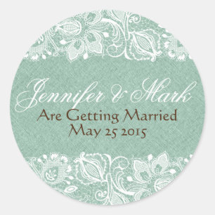 Mint-Green Faux Linen Burlap & White Floral Lace Classic Round Sticker