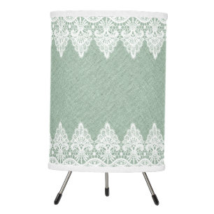 Mint-green faux linen & vintage white lace tripod lamp