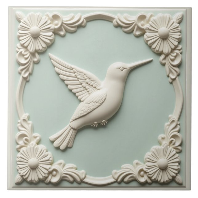 Mint green faux relief Art Nouveau Hummingbird  Ceramic Tile (Front)