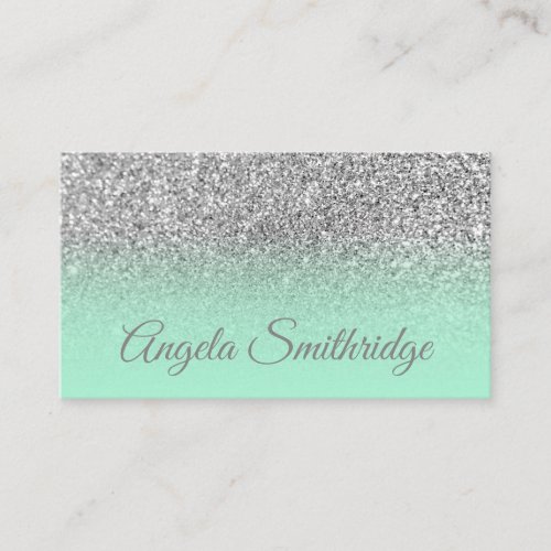 Mint Green Faux Silver Glitter Photo Business Card